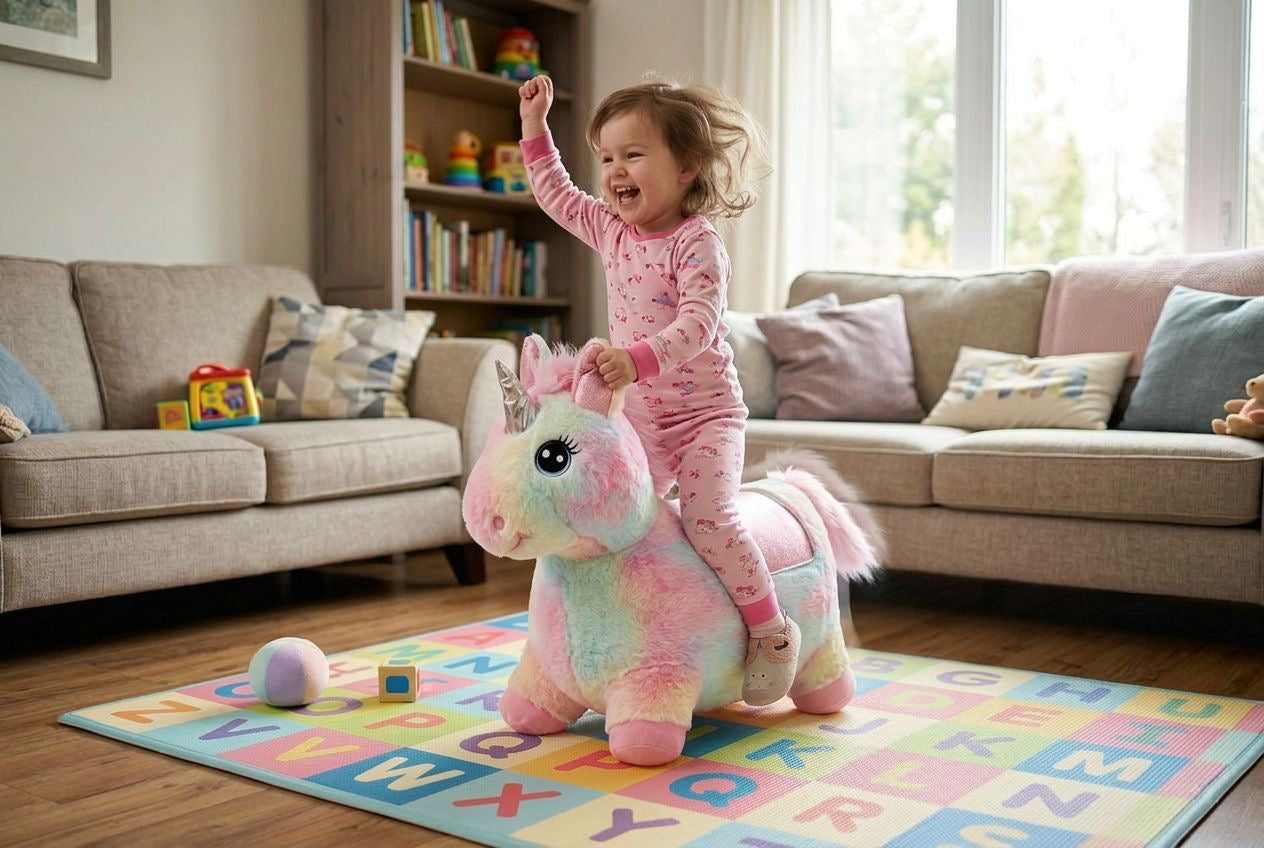 Child riding a colorful unicorn toy on a rug in a living room.