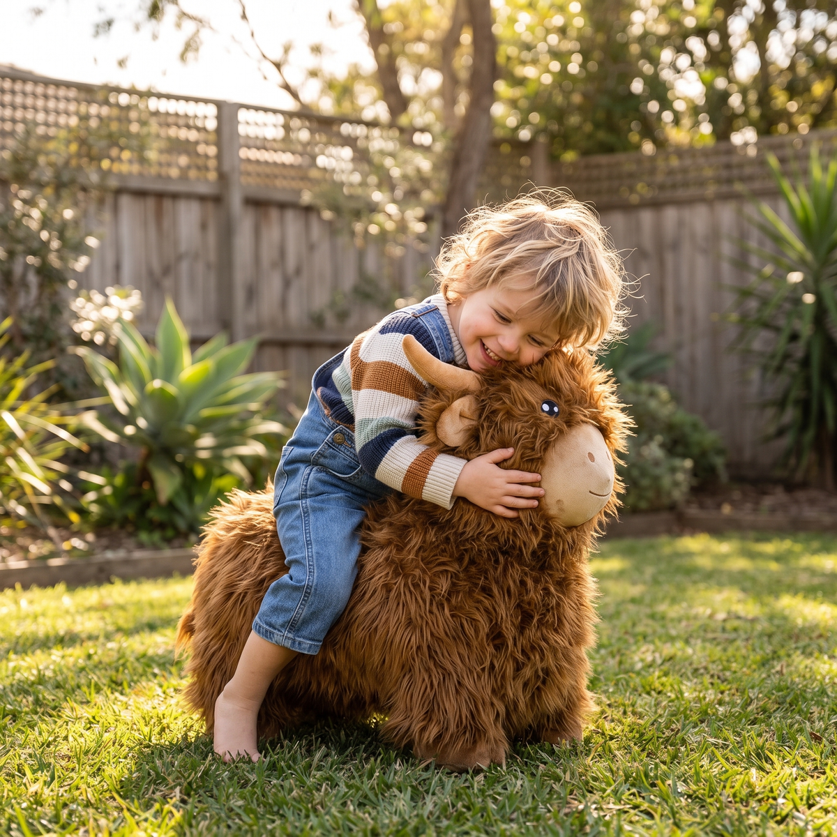 Toddler hugging Hamish the Highland Cow bouncy toy in the backyard