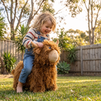 Hamish the Highland Cow bouncy toy in a backyard