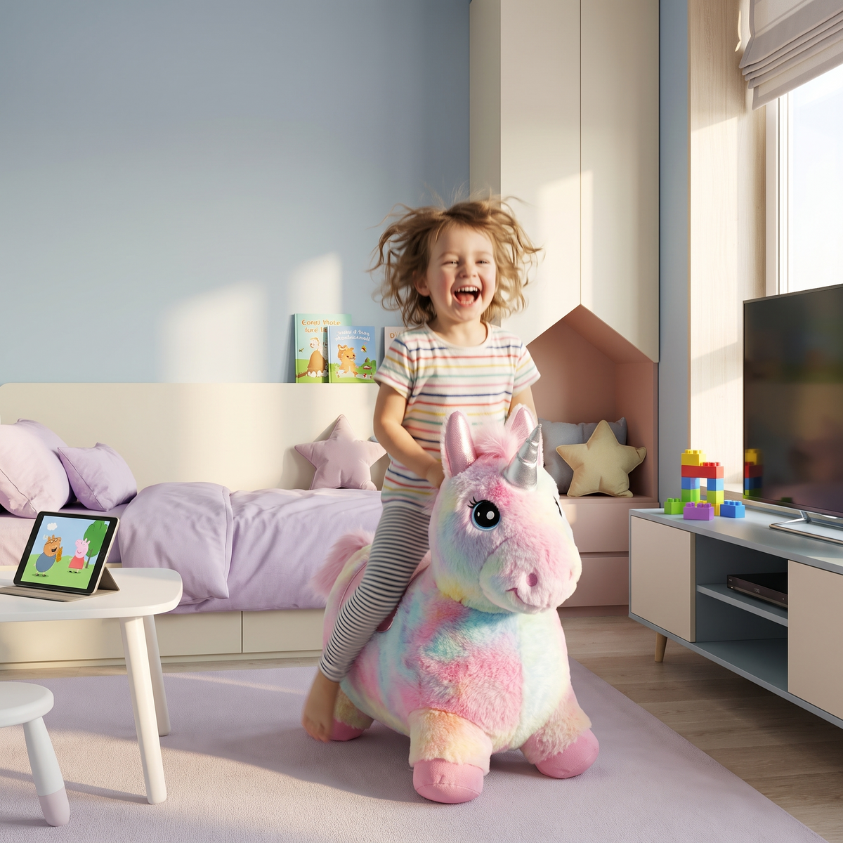 Luna the Unicorn bouncy toy in a child's bedroom