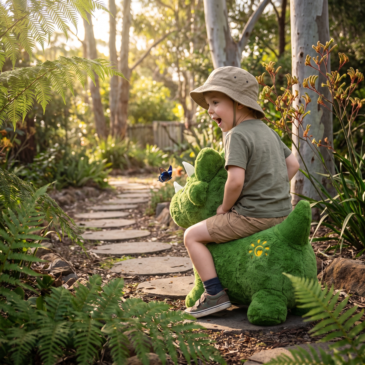Spike the Dinosaur bouncy toy outdoors in the bush