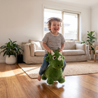 Child playing with Spike the Dinosaur bouncy toy in the lounge room